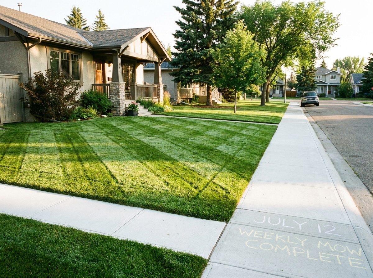 A freshly mowed residential lawn in an Edmonton suburb, clean stripes, sharp edge along the sidewalk, summer evening light, completed weekly mow