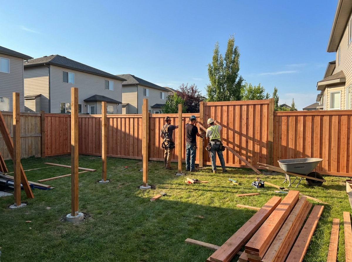 A new cedar privacy fence being installed in an Edmonton backyard, posts set, panels going up, mid-construction, summer afternoon light